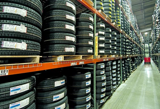 tires in the rack on the warehouse