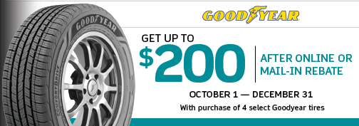 Goodyear 4 Tire up to $200 PrePaid Visa Card Mail in Rebate 10/1/2023 through 12/31/2023