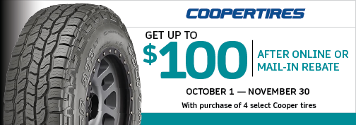 Cooper 4 Tire up to $100 Visa Card Mail in Rebate 10/1/2023 through 11/30/2023