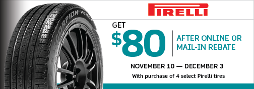 Pirelli 4 Tire $80 Prepaid MasterCard Mail in Rebate on select tires 11/10/2023 through 12/03/2023