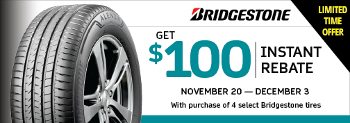 Bridgestone 4 Tire $70 Instant Rebate + $30 Installation Rebate, $100 Rebate Total, 11/20/2023 through 12/03/2023