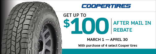 Cooper 4 Tire up to $100 Visa Card Mail in Rebate 3/1/2024 through 4/30/2024