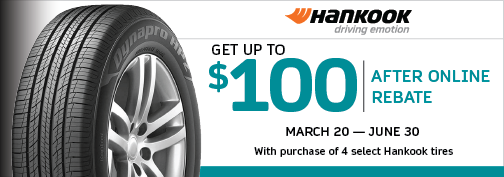 Hankook 4 Tire up to $100 Prepaid Mastercard Mail in Rebate 3/20/2023 through 6/30/2023