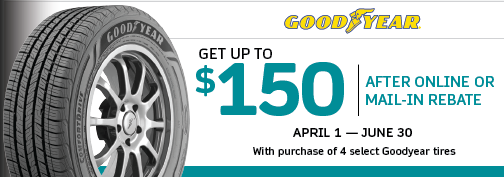 Goodyear 4 Tire up to $150 PrePaid Visa Card Mail in Rebate 4/1/2023 through 6/30/2023 rebate