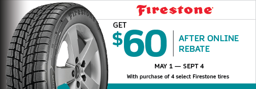 Firestone 4 Tire $60 Mail In Rebate, 5/1/2023 through 9/4/2023 rebate