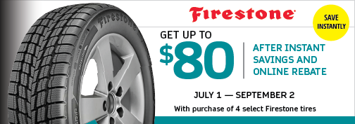 Firestone 4 Tire $60 Mail In Rebate + $20 Instant Rebate (select models), up to $80 Rebate Total, 07/01/2024 through 09/02/2024