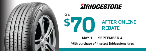 Bridgestone 4 Tire  $70 Prepaid Visa Card, Mail in Rebate - 5/1/2023 thru 9/4/2023 rebate